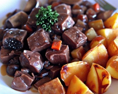 Beef bourguignon roast potato and vegetables
