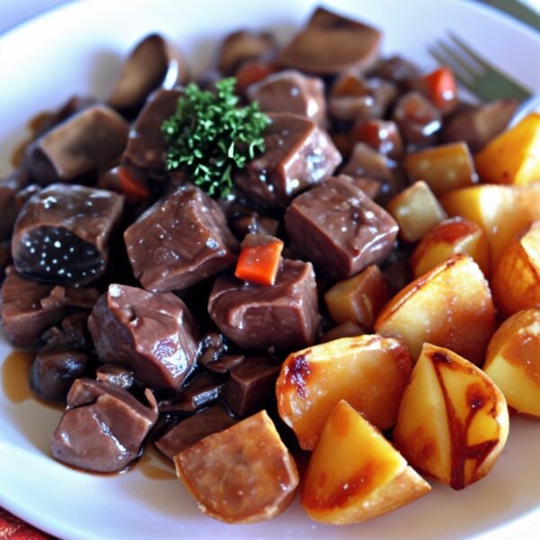 Beef bourguignon roast potato and vegetables